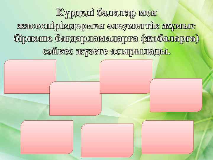 Күрделі балалар мен жасөспірімдермен әлеуметтік жұмыс бірнеше бағдарламаларға (жобаларға) сәйкес жүзеге асырылады. 