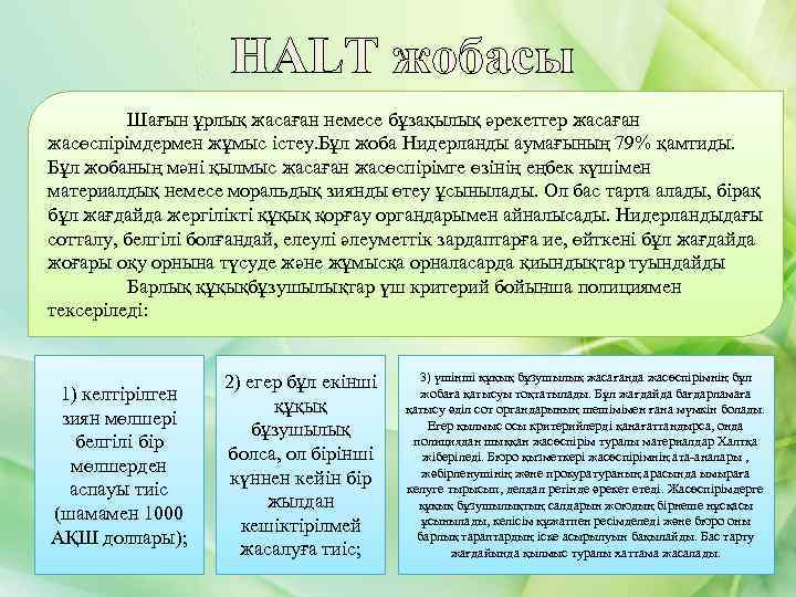 HALT жобасы Шағын ұрлық жасаған немесе бұзақылық әрекеттер жасаған жасөспірімдермен жұмыс істеу. Бұл жоба