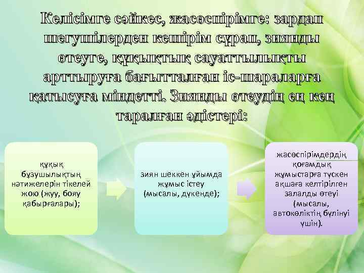 Келісімге сәйкес, жасөспірімге: зардап шегушілерден кешірім сұрап, зиянды өтеуге, құқықтық сауаттылықты арттыруға бағытталған іс-шараларға