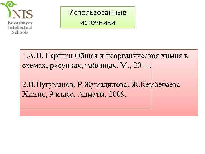 Использованные источники 1. А. П. Гаршин Общая и неорганическая химия в схемах, рисунках, таблицах.