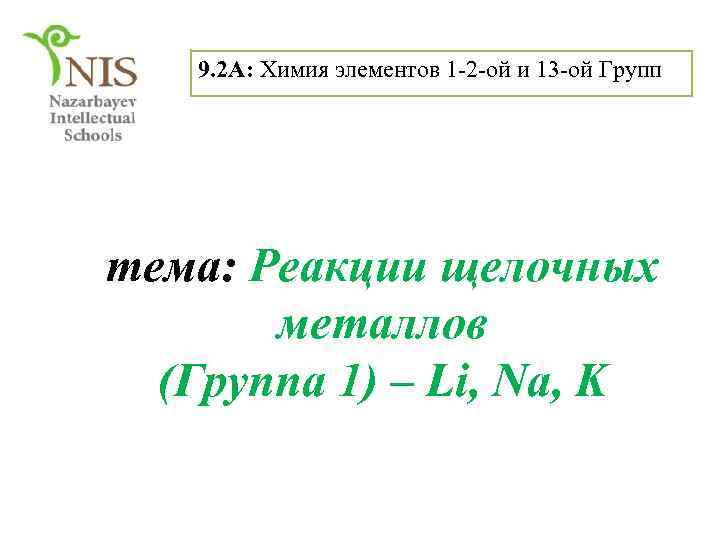 9. 2 A: Химия элементов 1 -2 -ой и 13 -ой Групп тема: Реакции