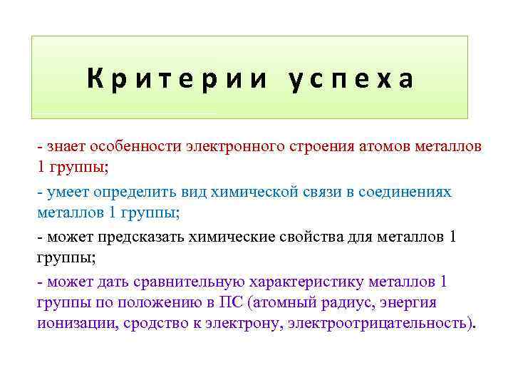 Критерии успеха - знает особенности электронного строения атомов металлов 1 группы; - умеет определить