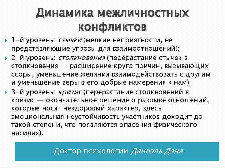 Динамика межличностных конфликтов 1 -й уровень: стычки (мелкие неприятности, не представляющие угрозы для взаимоотношений);