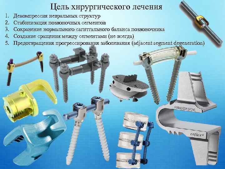Цель хирургического лечения 1. 2. 3. 4. 5. Декомпрессия невральных структур Стабилизация позвоночных сегментов