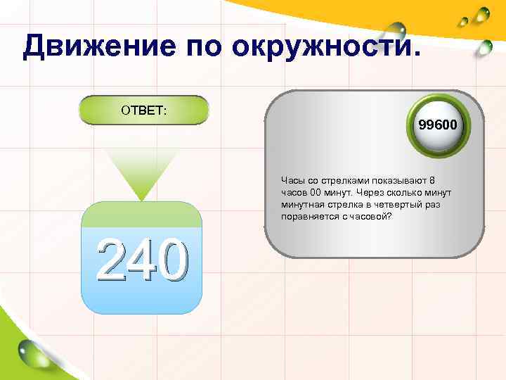 Движение по окружности. ОТВЕТ: 99600 Часы со стрелками показывают 8 часов 00 минут. Через