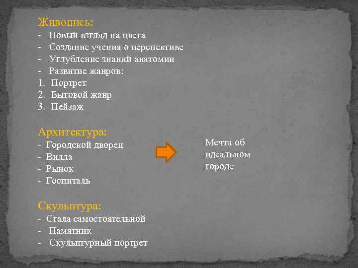 Живопись: 1. 2. 3. Новый взгляд на цвета Создание учения о перспективе Углубление знаний