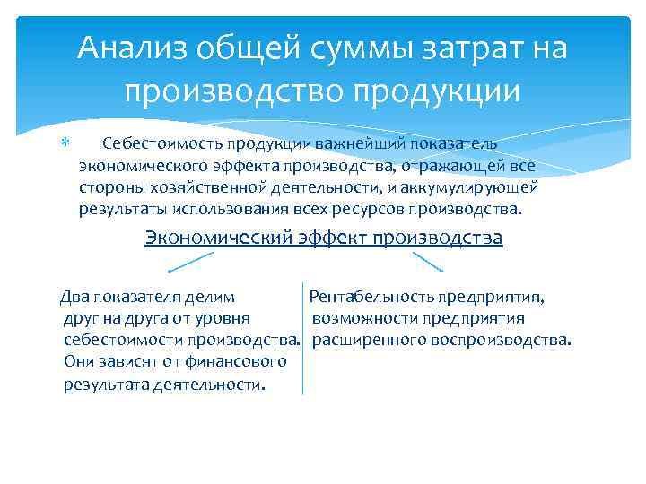 Анализ общей суммы затрат на производство продукции Себестоимость продукции важнейший показатель экономического эффекта производства,