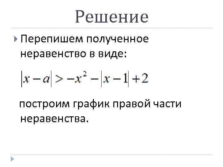 Решение Перепишем полученное неравенство в виде: построим график правой части неравенства. 