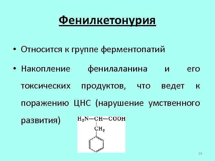 Фенилкетонурия • Относится к группе ферментопатий • Накопление фенилаланина и его токсических продуктов, что