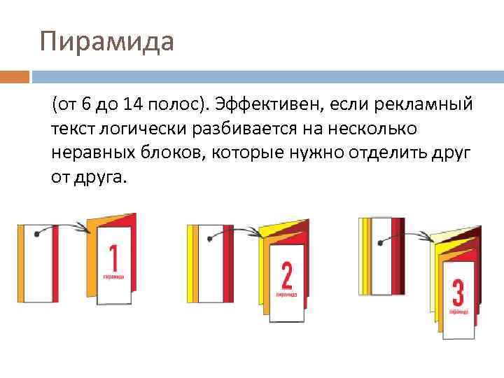 Пирамида (от 6 до 14 полос). Эффективен, если рекламный текст логически разбивается на несколько