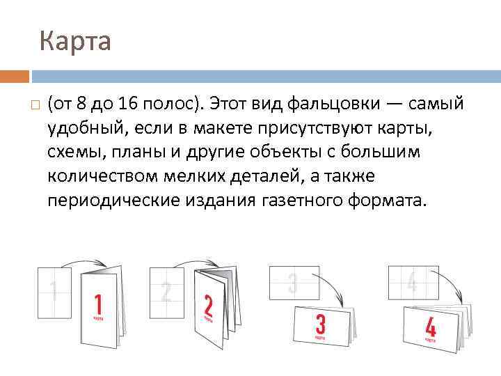 Карта (от 8 до 16 полос). Этот вид фальцовки — самый удобный, если в