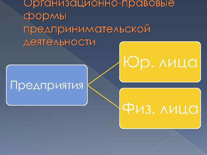 Организационно-правовые формы предпринимательской деятельности Юр. лица Предприятия Физ. лица 