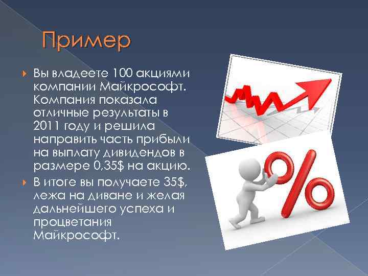 Пример Вы владеете 100 акциями компании Майкрософт. Компания показала отличные результаты в 2011 году