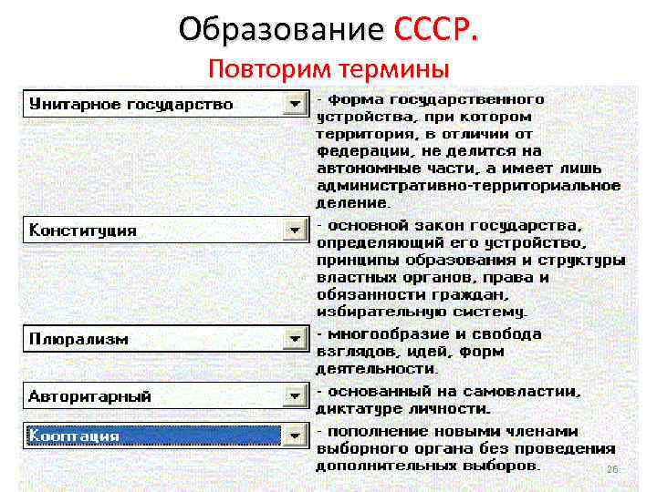 Образование СССР. Повторим термины 26 