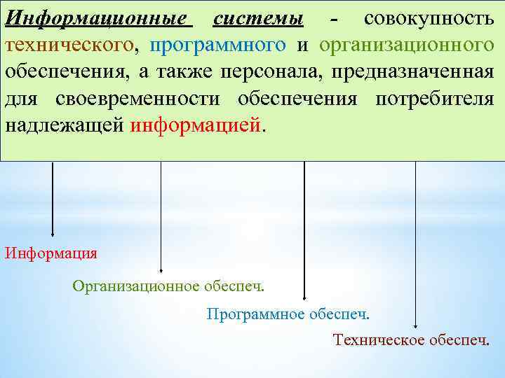 Информационные системы - совокупность технического, программного и организационного обеспечения, а также персонала, предназначенная для