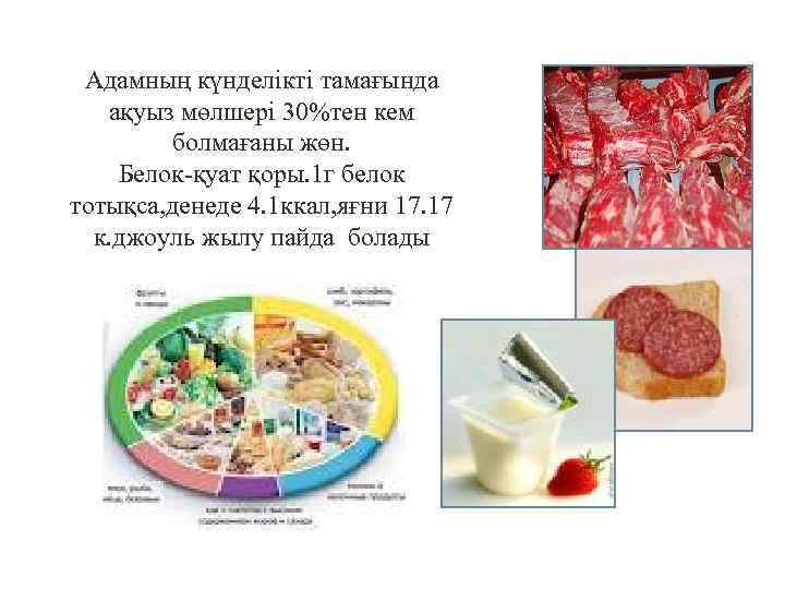 Адамның күнделікті тамағында ақуыз мөлшері 30%тен кем болмағаны жөн. Белок-қуат қоры. 1 г белок