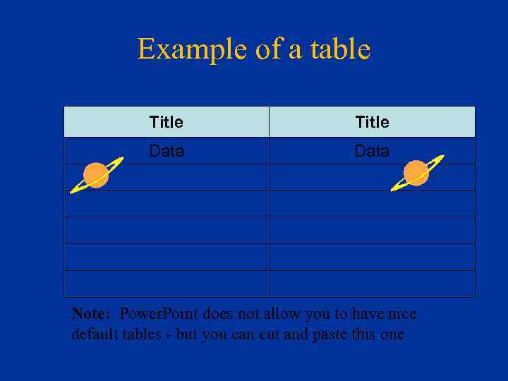 Example of a table Title Data Note: Power. Point does not allow you to