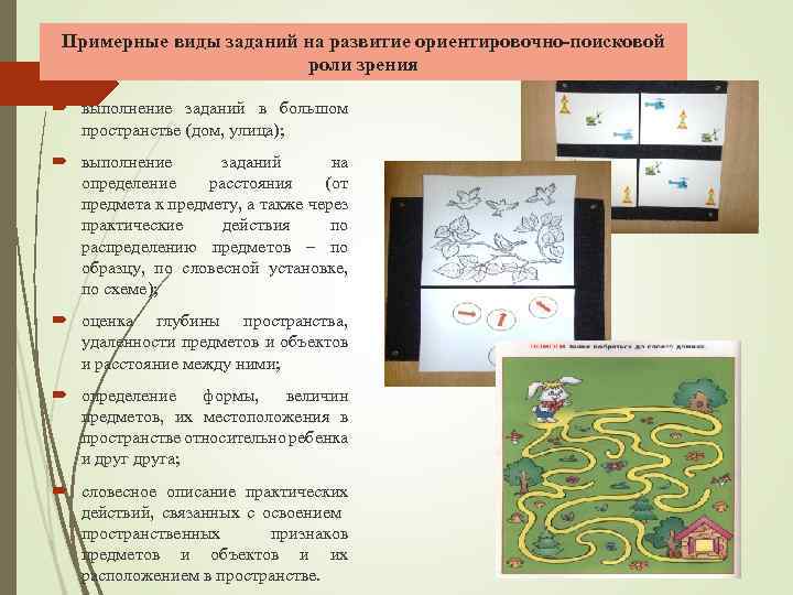 Примерные виды заданий на развитие ориентировочно-поисковой роли зрения выполнение заданий в большом пространстве (дом,