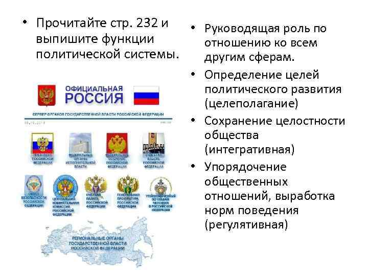 • Прочитайте стр. 232 и • Руководящая роль по выпишите функции отношению ко