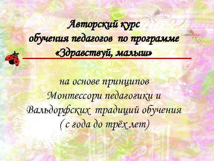 Авторский курс обучения педагогов по программе «Здравствуй, малыш» на основе принципов Монтессори педагогики и