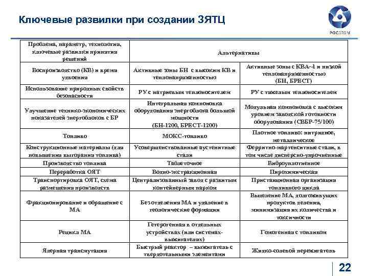 Ключевые развилки при создании ЗЯТЦ Проблема, параметр, технология, ключевые развилки принятия решений Альтернативы Воспроизводство