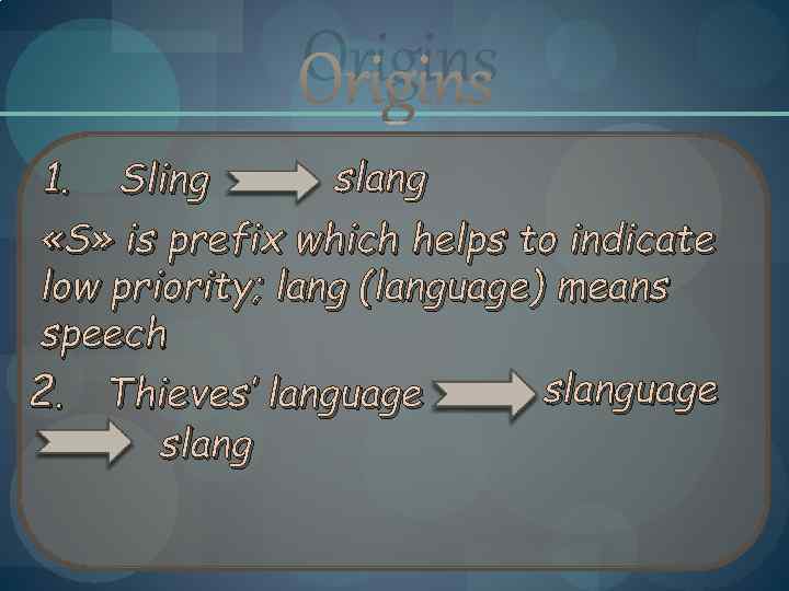 Origins slang 1. Sling «S» is prefix which helps to indicate low priority; lang