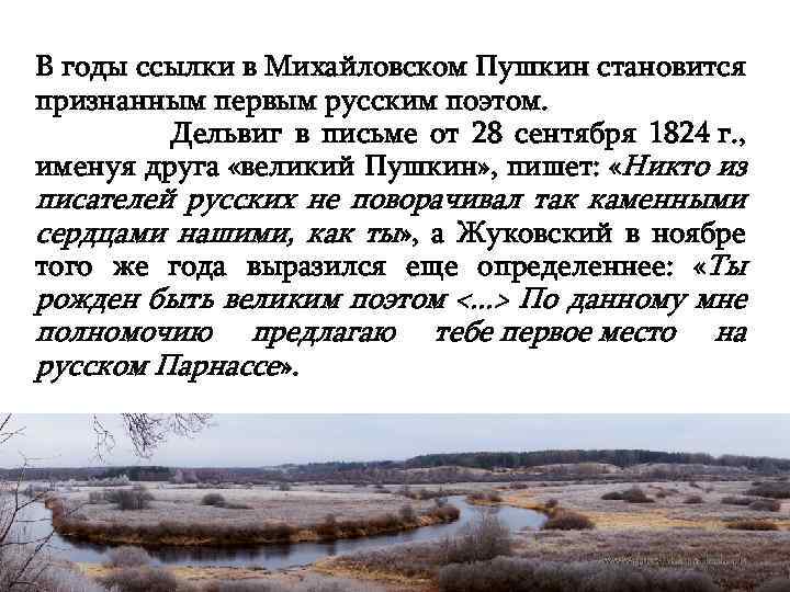 В годы ссылки в Михайловском Пушкин становится признанным первым русским поэтом. Дельвиг в письме