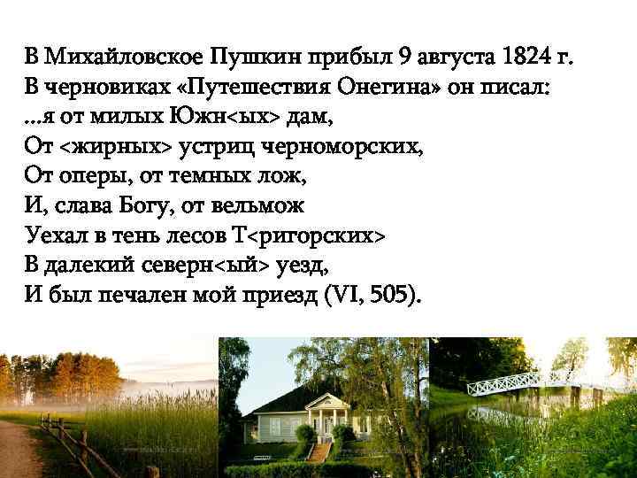 В Михайловское Пушкин прибыл 9 августа 1824 г. В черновиках «Путешествия Онегина» он писал: