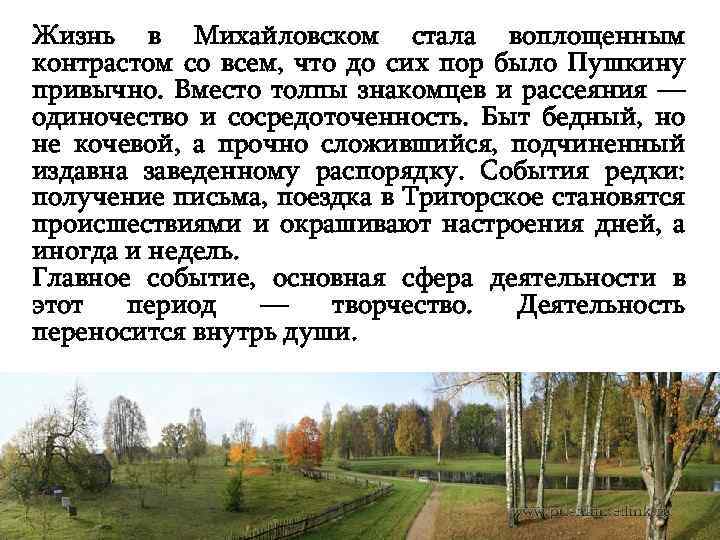 Жизнь в Михайловском стала воплощенным контрастом со всем, что до сих пор было Пушкину