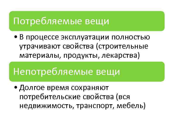 Потребляемые вещи • В процессе эксплуатации полностью утрачивают свойства (строительные материалы, продукты, лекарства) Непотребляемые