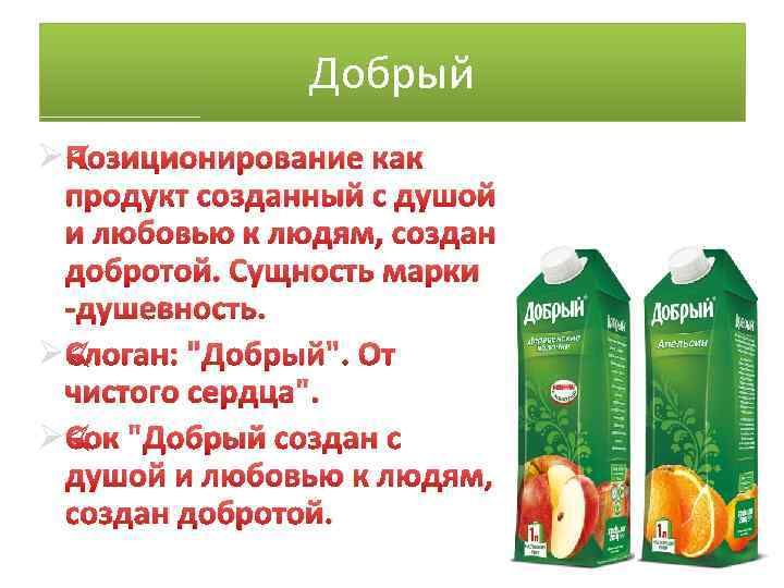 Добрый Ø Позиционирование как продукт созданный с душой и любовью к людям, создан добротой.