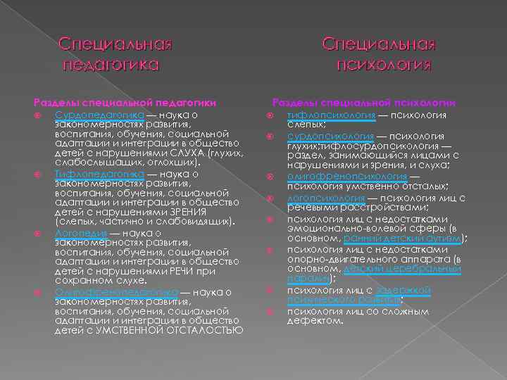 Специальная педагогика Разделы специальной педагогики Сурдопедагогика — наука о закономерностях развития, воспитания, обучения, социальной