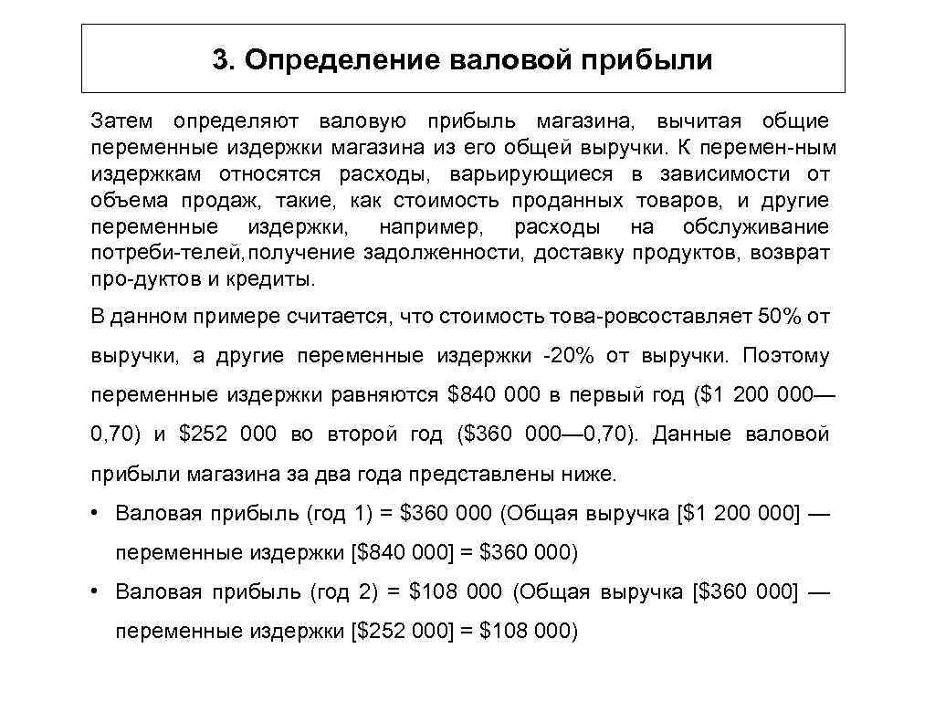 3. Определение валовой прибыли Затем определяют валовую прибыль магазина, вычитая общие переменные издержки магазина