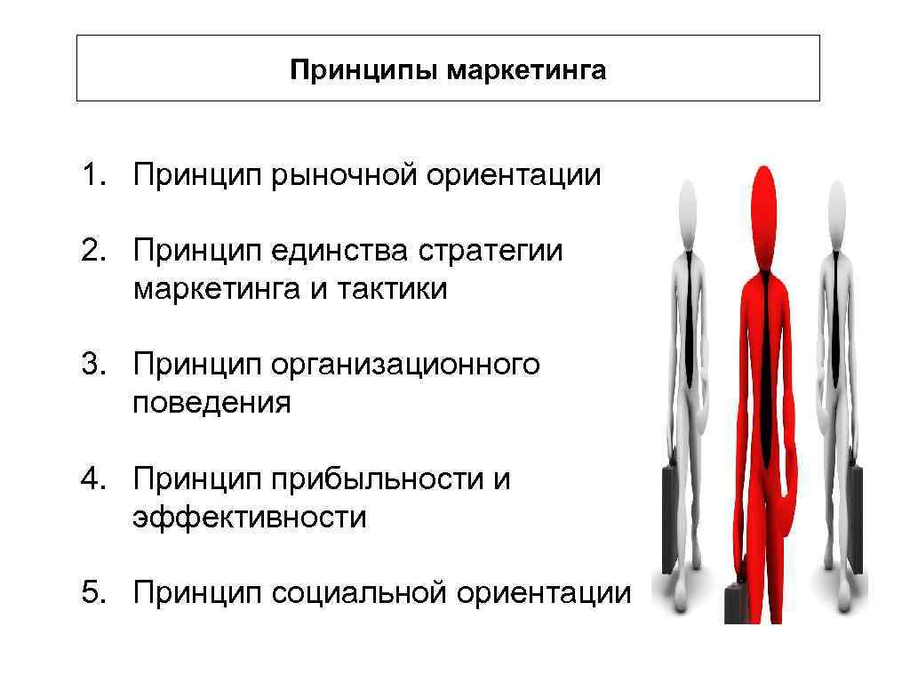 Принципы маркетинга 1. Принцип рыночной ориентации 2. Принцип единства стратегии маркетинга и тактики 3.