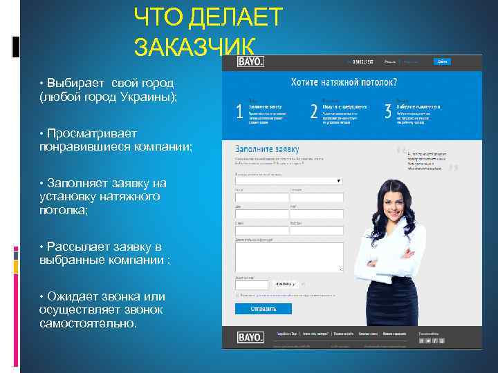 ЧТО ДЕЛАЕТ ЗАКАЗЧИК • Выбирает свой город (любой город Украины); • Просматривает понравившиеся компании;
