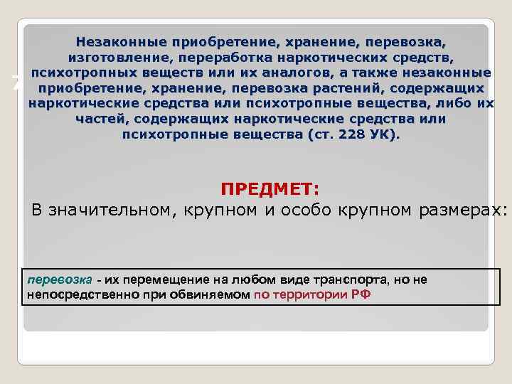 Незаконные приобретение, хранение, перевозка, изготовление, переработка наркотических средств, психотропных веществ или их аналогов, а