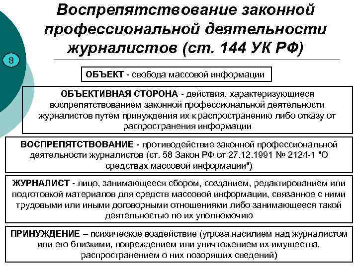 8 Воспрепятствование законной профессиональной деятельности журналистов (ст. 144 УК РФ) ОБЪЕКТ - свобода массовой