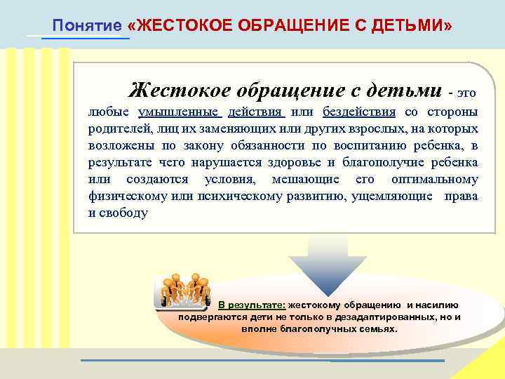 Понятие «ЖЕСТОКОЕ ОБРАЩЕНИЕ С ДЕТЬМИ» Жестокое обращение с детьми - это любые умышленные действия