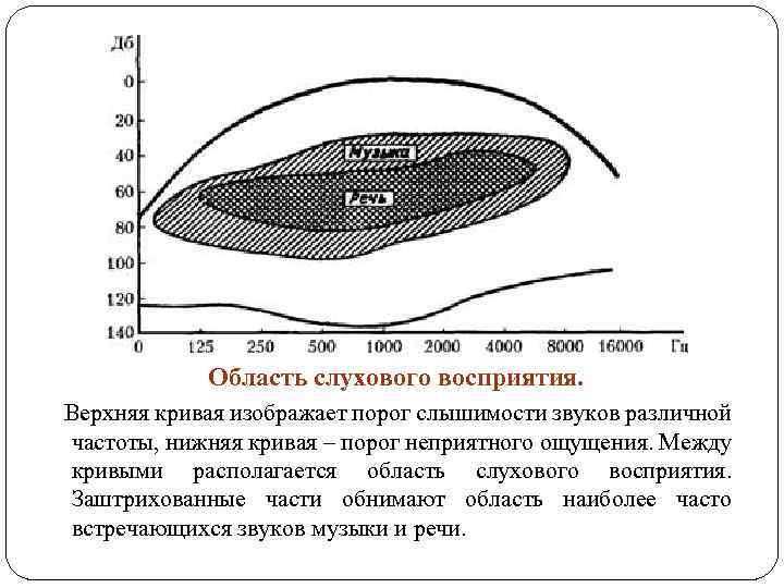 Область слухового восприятия. Верхняя кривая изображает порог слышимости звуков различной частоты, нижняя кривая –