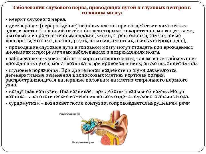 Заболевания слухового нерва, проводящих путей и слуховых центров в головном мозгу: • неврит слухового
