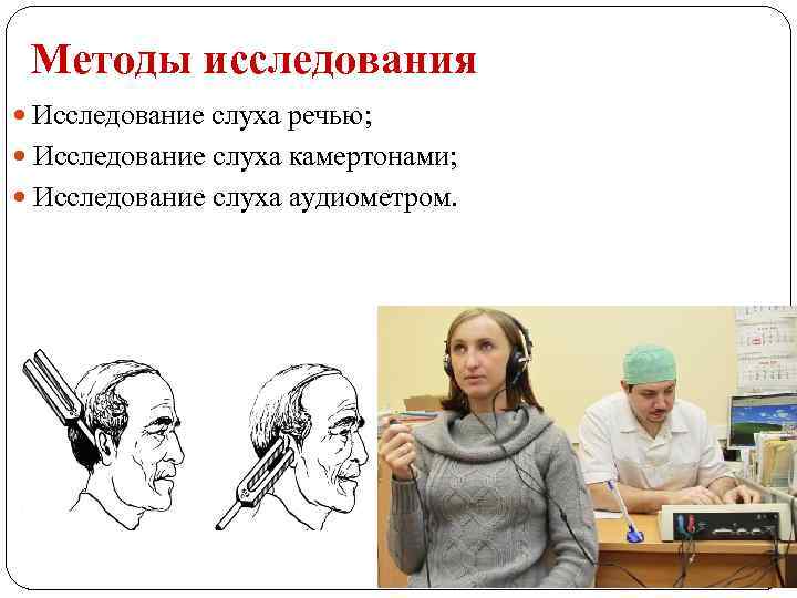 Методы исследования Исследование слуха речью; Исследование слуха камертонами; Исследование слуха аудиометром. 