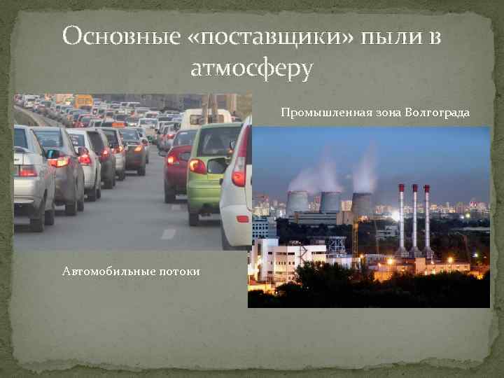 Основные «поставщики» пыли в атмосферу Промышленная зона Волгограда Автомобильные потоки 