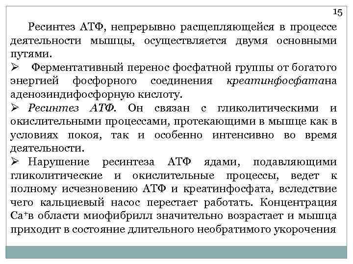 15 Ресинтез АТФ, непрерывно расщепляющейся в процессе деятельности мышцы, осуществляется двумя основными путями. Ø