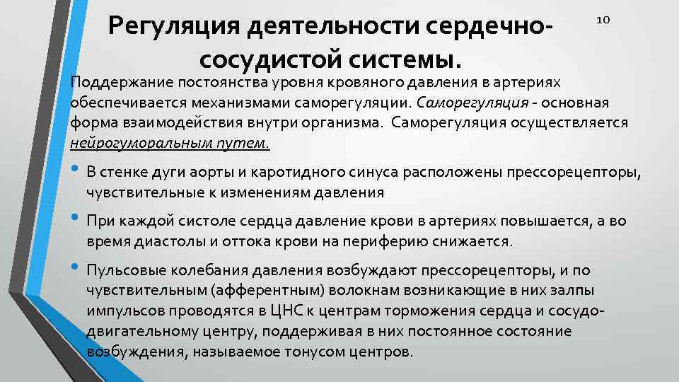 Регуляция деятельности сердечнососудистой системы. 10 Поддержание постоянства уровня кровяного давления в артериях обеспечивается механизмами