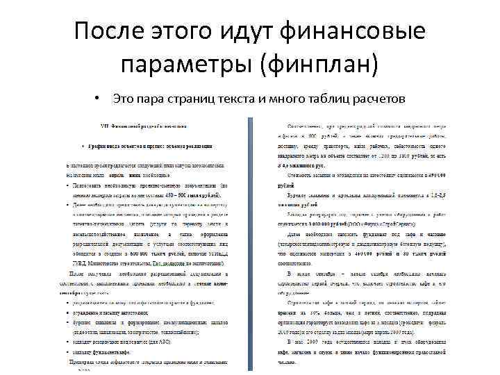 После этого идут финансовые параметры (финплан) • Это пара страниц текста и много таблиц