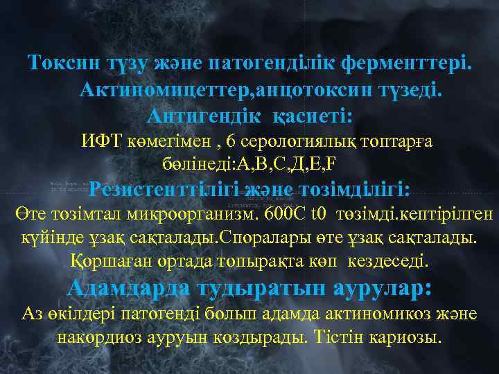 Токсин түзу және патогенділік ферменттері. Актиномицеттер, анцотоксин түзеді. Антигендік қасиеті: ИФТ көмегімен , 6