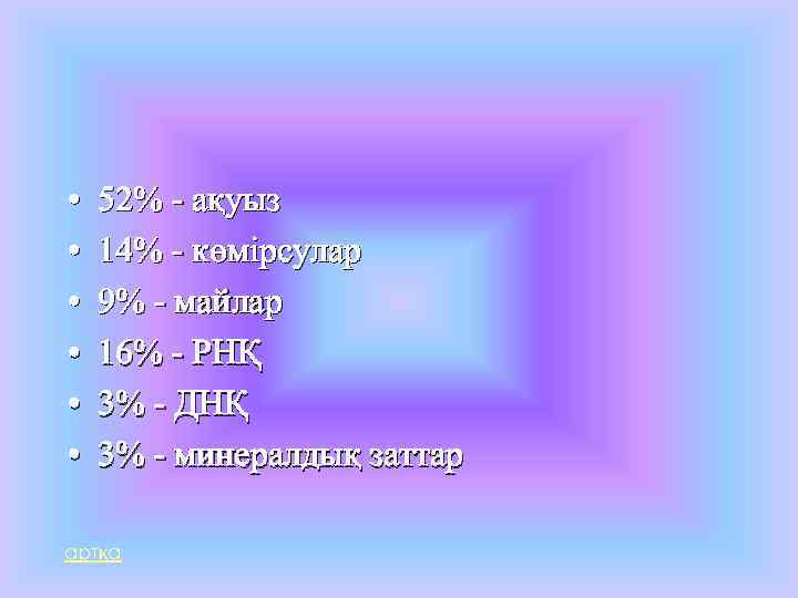  • • • 52% - ақуыз 14% - көмірсулар 9% - майлар 16%