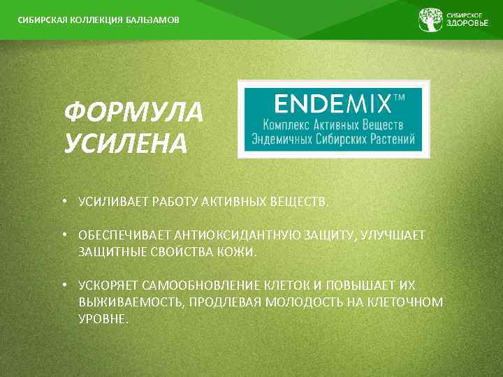  СИБИРСКАЯ КОЛЛЕКЦИЯ БАЛЬЗАМОВ ФОРМУЛА УСИЛЕНА • УСИЛИВАЕТ РАБОТУ АКТИВНЫХ ВЕЩЕСТВ. • ОБЕСПЕЧИВАЕТ АНТИОКСИДАНТНУЮ