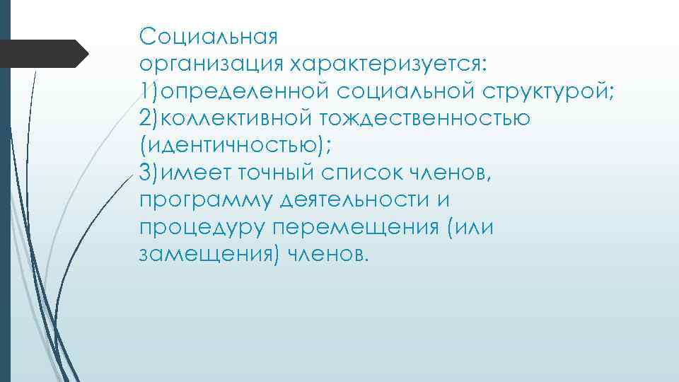 Социальная организация характеризуется: 1)определенной социальной структурой; 2)коллективной тождественностью (идентичностью); 3)имеет точный список членов, программу