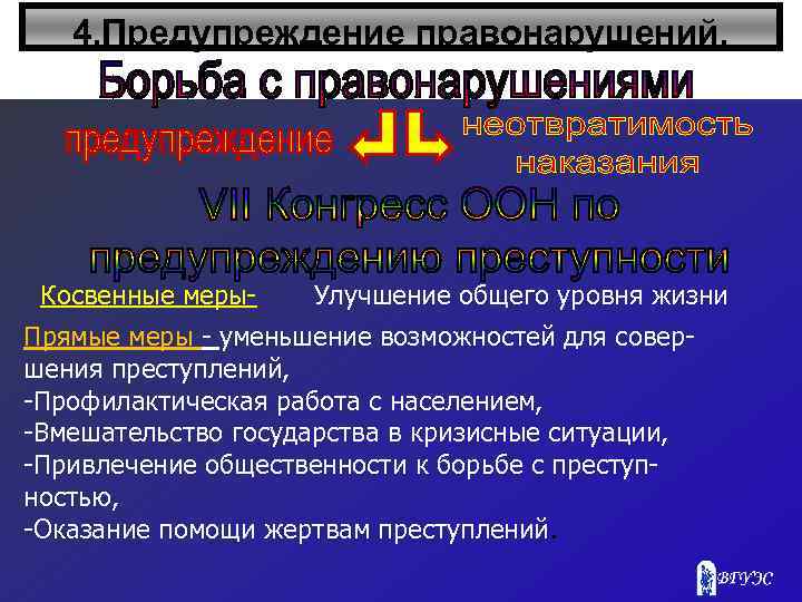 4. Предупреждение правонарушений. Косвенные меры- Улучшение общего уровня жизни Прямые меры - уменьшение возможностей